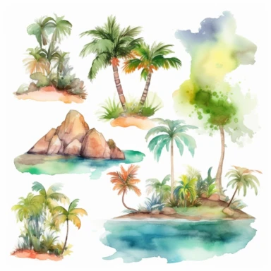 Tropical island beach clipart set isolated on white, watercolor, - - no photograph - - v 5.1