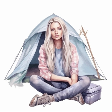 isolated on a white background, in a feminine style that is populair on Etsy, a hyper realistic camping girl in a ultra straight very natural looking long hair, high resolution, highly detailed, watercolor clipart illustration, soft pastel color theme, baby pink, light blue, lila and mint no shadow
