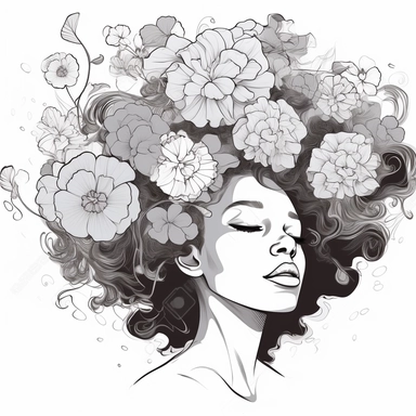 beautiful flowers in head of a black woman isolated vector artwork, coloring pages, in the style of apollonia saintclair, minimalist beauty, kris knight, large canvas sizes, cherry blossoms, organically inspired body art, line art, white background, vector clipart