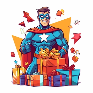 Create a clipart image of a superhero character receiving birthday presents. Depict the superhero character surrounded by beautifully wrapped gifts of different sizes and shapes. Include a joyful expression and a white background.
