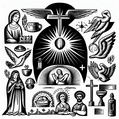 A black and white vector drawing of a variety of protestant christian objects including Angels, Stars, Rainbow symbols, Hands holding a heart, Fish and loaves, Crossed keys, Doves descending, Stained glass windows, The Last Supper, Nativity scenes, a detailed drawing inspired by Josef Navrátil, Anno Domini, black and white vector art, clipart, highly detailed vector art, coherent, white background