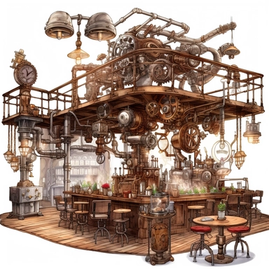 Steampunk Café Interior Clipart. A quaint café scene with caged Edison bulbs hanging from the ceiling, tables made from salvaged gears, and baristas operating a steam-powered espresso machine. Hyper-realistic, intricate detail, white background
