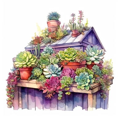 watercolor, hyper realistic, white background, white margins, 16k, ultra detailed clipart, cut out image, hand-drawn rooftop garden with a mix of succulents and colorful flowers in pots, with shades of bright green and pops of pink, purple and yellow.