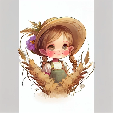 Cute kid girl with garlands of barley, hand draw Illustration clipart, 4K, extremely detailed