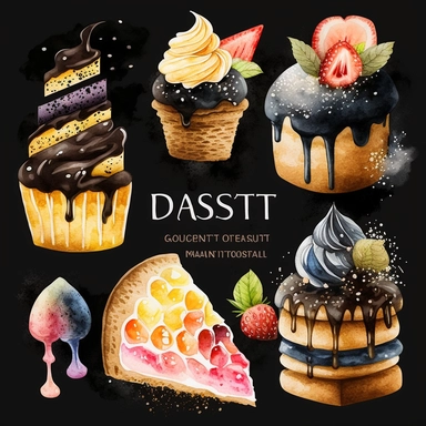 dessert watercolour clipart with black background