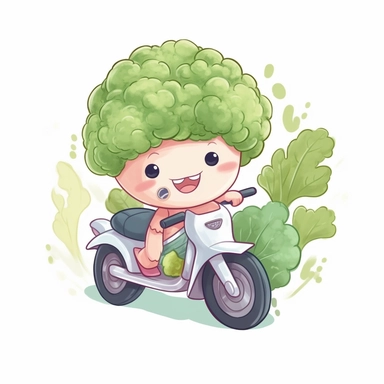 Create a clipart of a cute vegetable broccoli riding a motorcycle. Pastel colors. Kawaii style. White Background, soft lighting.