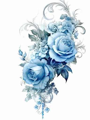 vintage beautiful victorian shabby chic blue roses corner frame on white background, blue theme, watercolor illustration, clipart