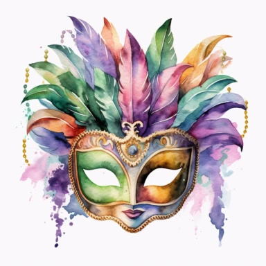 mardi gras mask clipart with watercolor illustration,full body shot,8k,etsy style, white background