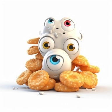 cute Nuggets character. Nuggets, cartoon, eye, illustration, funny, character, fast food, food, unhealthy, cute, face, fun, goofy, three-dimensional , Clipart, white isolated background, space out, hd, 8k, realistic