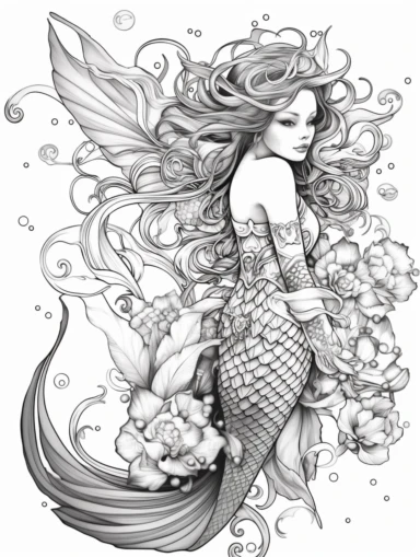Coloring book, white background, black and white, clip art. Mermaid. Fish bottom, woman top. Mermaid has large wings.