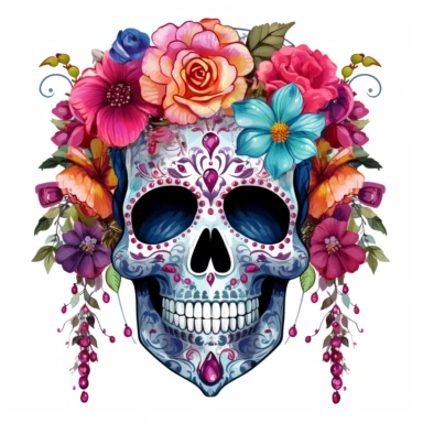 cute happy jewel encrusted skull with flowers in the style of Betsy Johnson on white background. Clipart