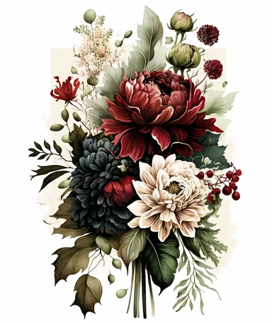 tall floral bouquet depicted in a watercolor clipart, featuring crimson, white, and black flowers in honor of Alabama University. The bouquet includes hydrangeas, dahlias, and peonies with green leaves and stems intertwined throughout