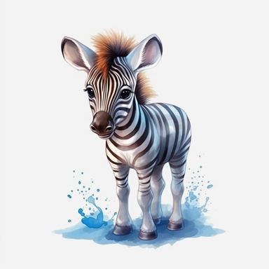 Watercolour animated whimsical cute baby zebra Disney inspired beautifully detailed perfect facial features perfect legs and paws ultra highly detailed, 18k, sharp focus, bright photo with rich colours digitally enhanced, enhanced graphics, straight, sharp focus, bright lighting, intricate detailed png image ,high definition,300dpi,graphic clipart,computer graphics