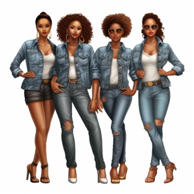 all women wearing blue jean jackets with white tee shirts in clipart style stunning beautiful black african american women with smooth brown skin Full body, four fat African - American women with varying shades of brown skin, black jeans and black leather jackets white tee shirt and white, highly detailed, very attractive, glamorous, make up beautiful, gorgeous, glowing, happy, smiling in clipart style award winning photography 8k polished and fphotorealistic detailed intricate unreal engine 5 b