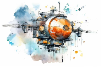 Watercolor, Design an image depicting a technology demonstration satellite testing innovative technologies in space clipart, hd, on a white background, spaced out