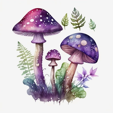 Watercolour Magic Mystical Mushrooms clipart purple. One larger mushroom and 2-3 smaller ones growing as a group from the ground. no other mushrooms. a little bit of green plants and leaves around without inclusions or dots or circles. white background