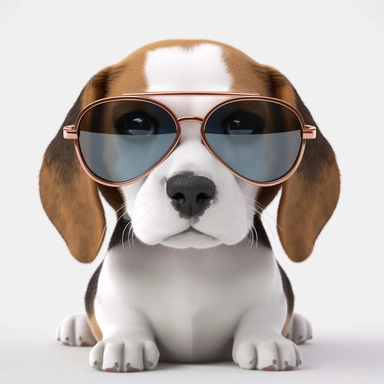 A hyper-realistic and adorable baby Beagle puppy wearing sunglasses , placed against a white background in a clip art style. Cinematic, hyper-detailed, with insane detail and beautiful color grading. Created using Unreal Engine, featuring depth of field, super resolution and megapixel resolution. Enhanced with cinematic lighting, anti-aliasing techniques such as FKAA and TXAA, and utilizing RTX technology for realistic reflections. Additional effects include screen-space ambient occlusion (SSAO)