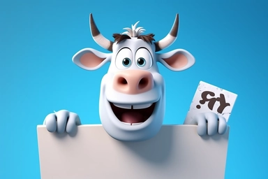 character cartoon cow with banner in clipart 3d image, in the style of unreal engine 5, natalia rak, movie still, matte photo, lightbox, relief, white and cyan