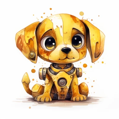 watercolor kawaii yellow robot dog clipart on a white background