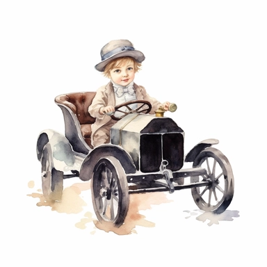 Watercolor Victorian baby girl in driving a ford t car from the era clipart , on a white background, Illustration clipart, 4K, extremely detailed