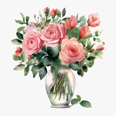 watercolor 30 pink Roses in a Glass Vase clipart
