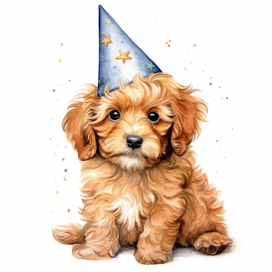 cavoodle puppy with a birthday hat, hand drawn clip art