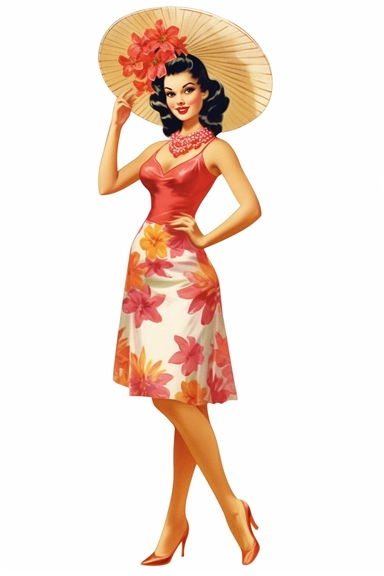a woman hawaiian doing a luau on a beach, retro cartoon, drawing clipart, Tropical Sublimation, Coconut Girl, Hibiscus, white background