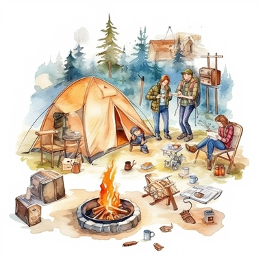 create a hand drawn watercolor clipart depicting campfires surrounded by tents, camping gear, and people enjoying the warmth of the fire, 4k