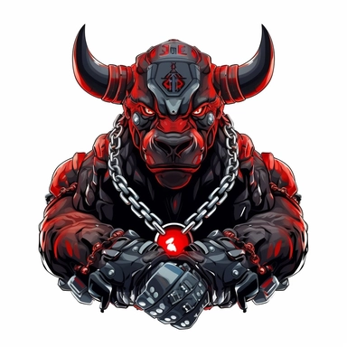 The image protrudes from the bottom edge. realistic picture of A red robotic bull warrior tatoo on the arm wearing a black shirt with a necklace and sunglasses slung over a firearm. all white background minimal simple clip art