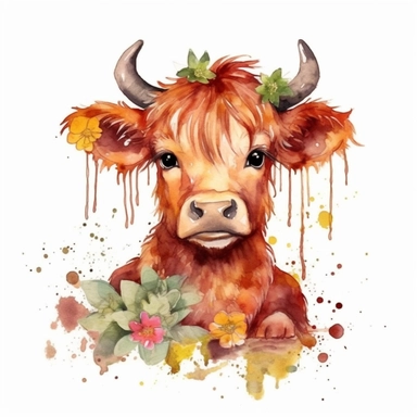 Adorable Highland Charm: Create a vibrant watercolor clipart of a young and happy Highland cow. The artwork should capture the essence of the cow's charming personality, emphasizing its expressive eyes and endearing smile. Use a playful color palette to bring out the cow's fluffy fur and highlight the natural beauty of its surroundings. The clipart can be used in various applications, such as greeting cards, stationery, or wall art, to spread joy and warmth. white backgorung