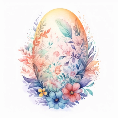 a dreamy watercolour pastel composition of one easter egg with beautiful bold pattern surrounded by delicate flowers isolated on a white background for clipart or sticker, enchanting cottagecore style by digitalcurio, warm and cozy feeling, warm glowing lighting –no text fonts letters watermark words typography slogans signature