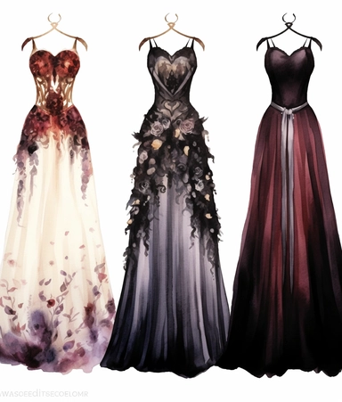 4 watercolor illustration goth wedding dress, in the style of dark palette chiaroscuro, romantic motifs, white, dark maroon and bronze, naïve, inventive, romantic floral motifs, clipart, white background