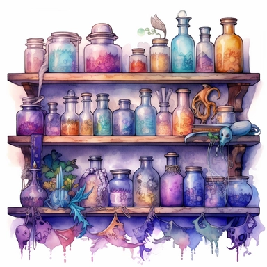 Witches PotionShelf Watercolor dreamy Clipart, pastel-core purple turquoise blue orange red yellow Magical Mystical Art, Fantasy Clipart, Witchcraft Potion many details style of Demizu Posuka no people