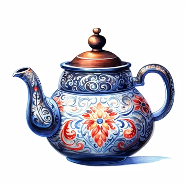 watercolor clipart of a ceramic teapot, vintage homely vibes, isolated on white background, very detailed, Cartoon,hyper realistic, intricate detail, illustration style,high solution,on the white background