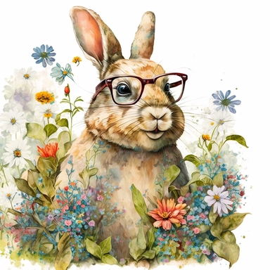 smiling rabbit, wearing glasses and a tie, in the style of digital painting and drawing Beatrix Potter, siting in the flowers, i can't believe how beautiful this is, uhd image, grid-based, charming character illustrations, free brushwork, watercolorist, white background, clipart -