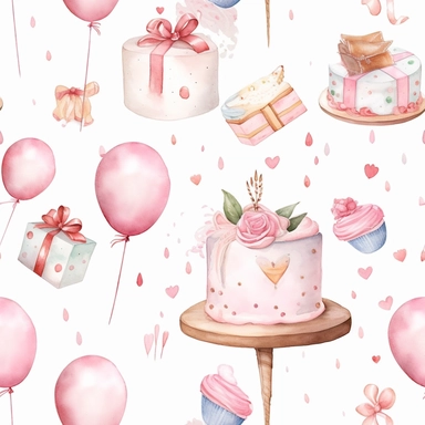 A cute collection on white with margins of birthday icon birthday cake, balloons, hearts, flowers, presents, watercolor, vector, clipart, elaborate, ultra - detailed, soft colors, rose gold and pink high definition, UHD