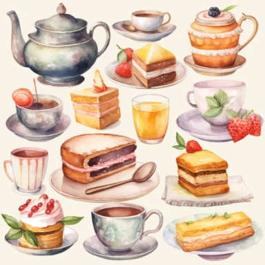 Watercolor vintage tea party items, illustrations clipart set, simple, soft colors, cartoon elements, different variants, teapot, sugar bowl, bun, jug of milk, cake stand, scones, china cup and saucer, , napkin, clotted cream, , knife, fork, jam, slice of cake on plate, tea cups, stacked teacups, lemondish, butter and bisciuits, , tea jars, , separate elements with a margin