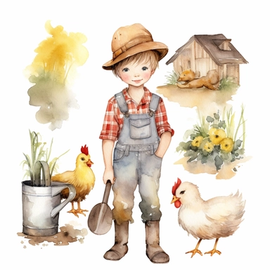 watercolor farm cute boy clipart white background
