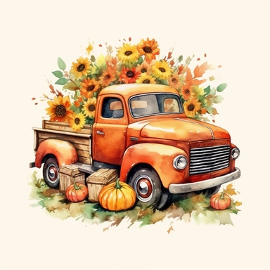 A red shabby American classic truck with two cute gnomes and pumpkins, sunflowers, maple leaves, autumn harvest, nature, watercolor clip art style, 4K HD,