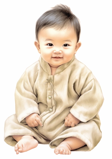 a cute retro vintage Asian infant baby boy. Color pencil sketch, soft baby colors, on a white background for clipart.