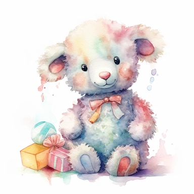 a captivating watercolor clipart image with a white background and white margins, featuring a cute sweet extremely happy stuffed sheep toy. The ultra-detailed, hand-drawn elements capture the details. Use vibrant shades of various colors to create a visually appealing image