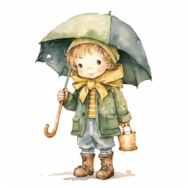 watercolor holly hobbie boy in a raincoat with umbrella clipart