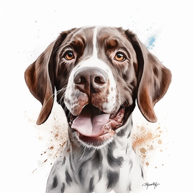 cute Serbian Pointer dog portrait, full face, centered shot, side shot, dynamically posed, in action, playful mood, happy mood, playing mood, cute face, adorable smile, childlike eyes, clean watercolor illustration, white background, nursery baby imagery, painting, detailed, 8k, PNG, clipart,
