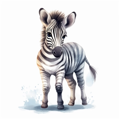Cute baby zebra character, watercolor style, vector, clipart, on a solid white background, completely isolated, full shot, centered, high quality, sharpness, uhd image
