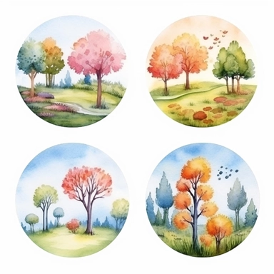 watercolor embroidery , illustrations clipart set, simple , cartoon elements, different variants , trees in seasons , separate elements with a margin