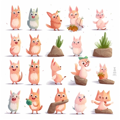 fred the baby llama, llama baby character, 12 poses and multiple expressions, pink fur, light brown skin, likes to chew grass, bipedal, children's book illustrative style clipart, flat colours, high resolution, consistent character, full colours,