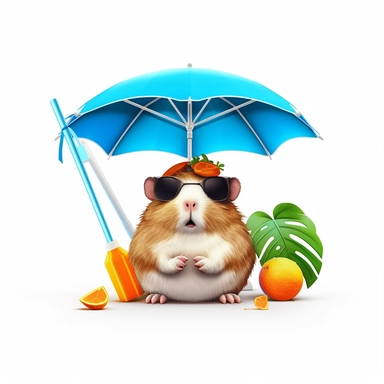 hyper-detailed pom-pom clipart illustration of a happy Guinea Pig, sitting on a beach chair, wearing sunglasses and sipping a cold drink with a funny hat and a tiny paper umbrella, extreme close-up view, isolated on white background with margins, cut-out images, Studio Ghibli-style,