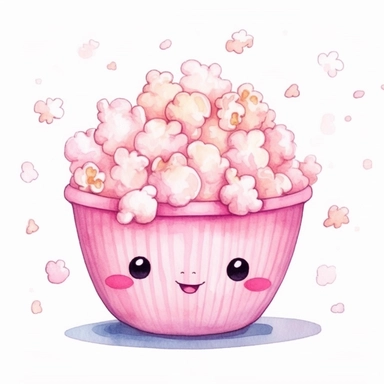 kawaii cute pink popcorn bowl, super cute, so adorable that is breaks your heart, full body, watercolor clipart, isolated on white background, cute-core