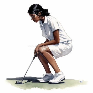 Idyllic watercolor clipart of a young Indian modern female golfer with dark hair in white close fitting sports golf clothes using the putting club on the putting green, isolated on a pure white background, insane detail,