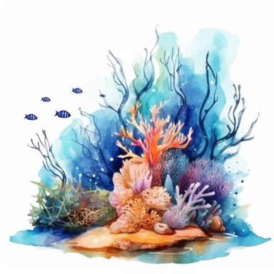 An underwater style over realistic beautiful coral reef in the sea with watercolor effect,sea plants,coral and mussel,underwater details,random colorful fishes,blue color,fade colors,suitable for digital clipart,white background no physical deformation , realistic features,full body,fantasy scene , white background